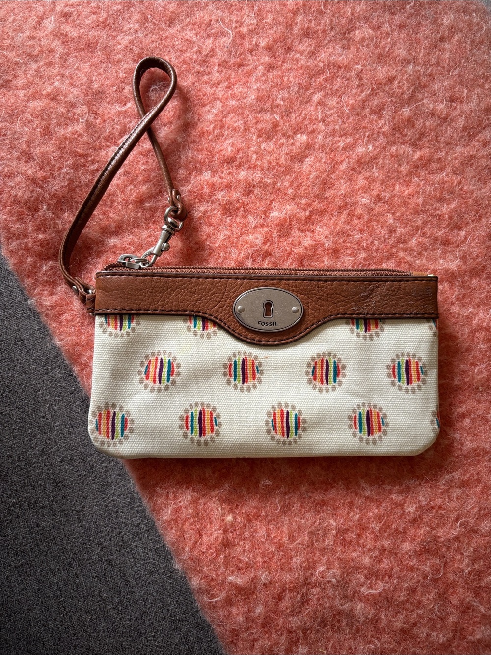 Fossil Cream Canvas Wristlet with Brown Leather Trim and Multicolor Dots